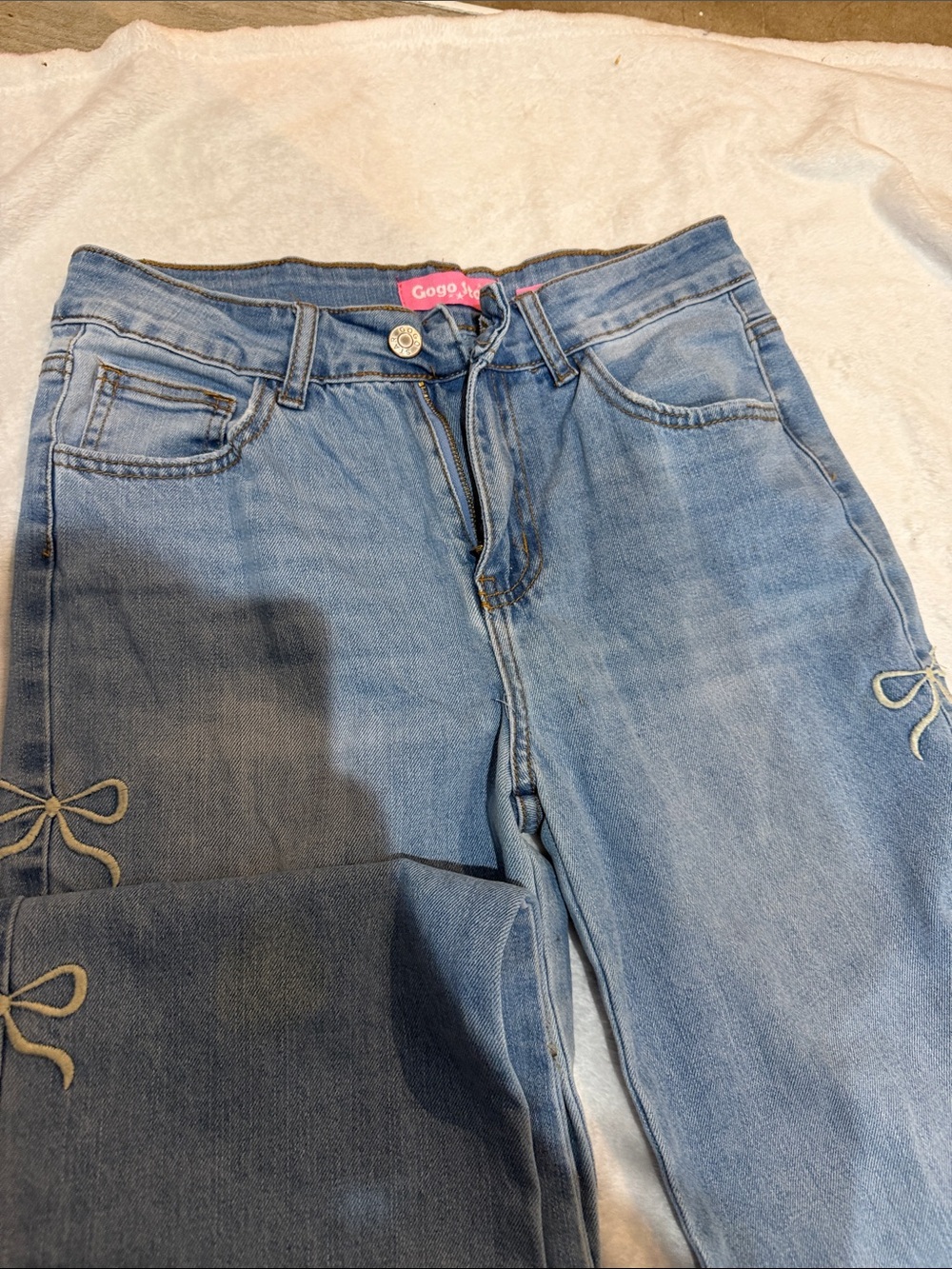 GOGO Light Blue Straight Leg Jeans with Bow Accent